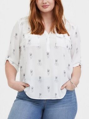 Torrid White Cat Print Women's Blouse Casual Roll-Sleeve Top